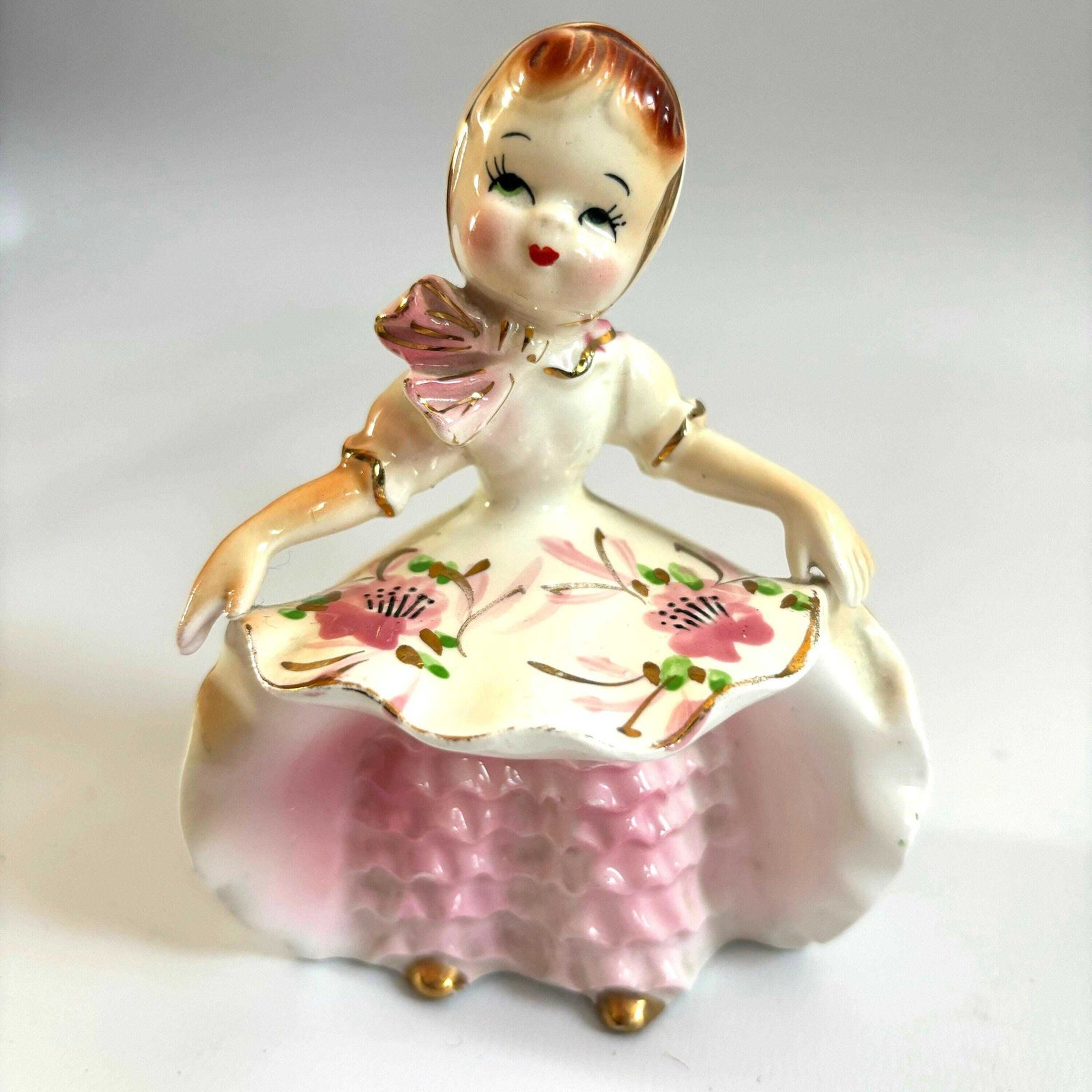 Vintage Lefton Ceramic Flower Girl Figurine: 1950s Japanese Ornament