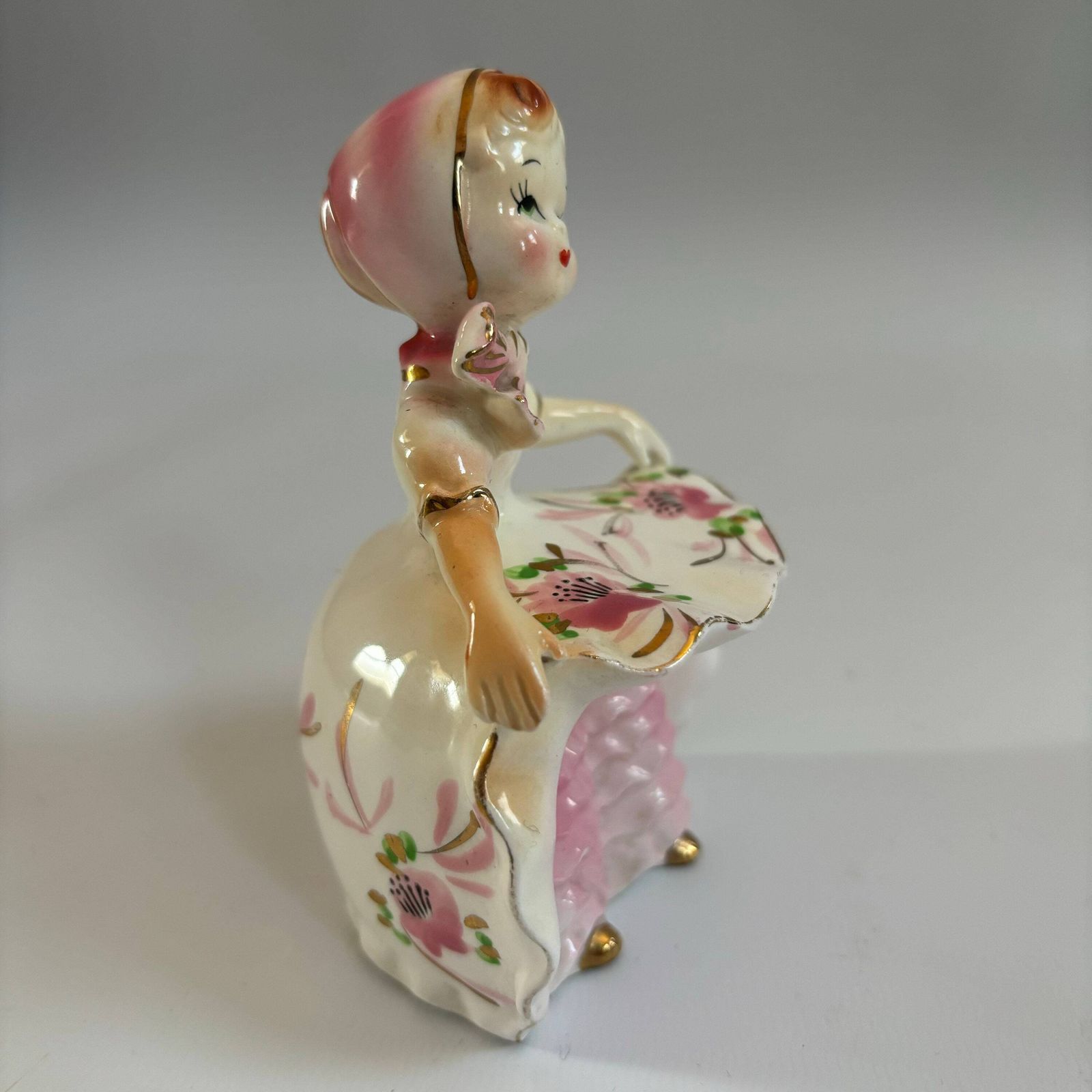 Vintage Lefton Ceramic Flower Girl Figurine: 1950s Japanese Ornament photo furniture