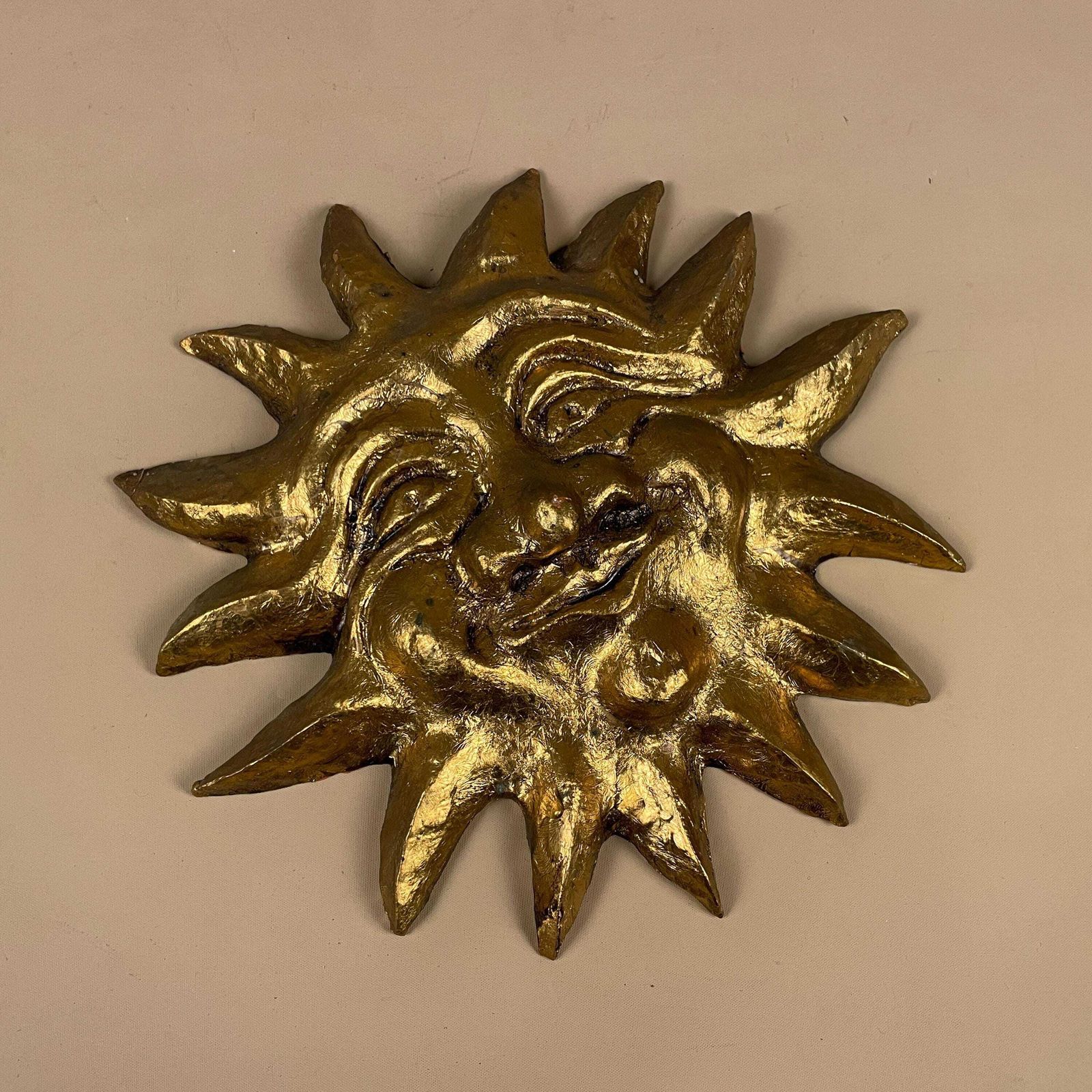 Gold Sun Face Wall Hanging By Sue Hofman Celestial Art Clay Decor Painted Quirky Artwork photo for sale