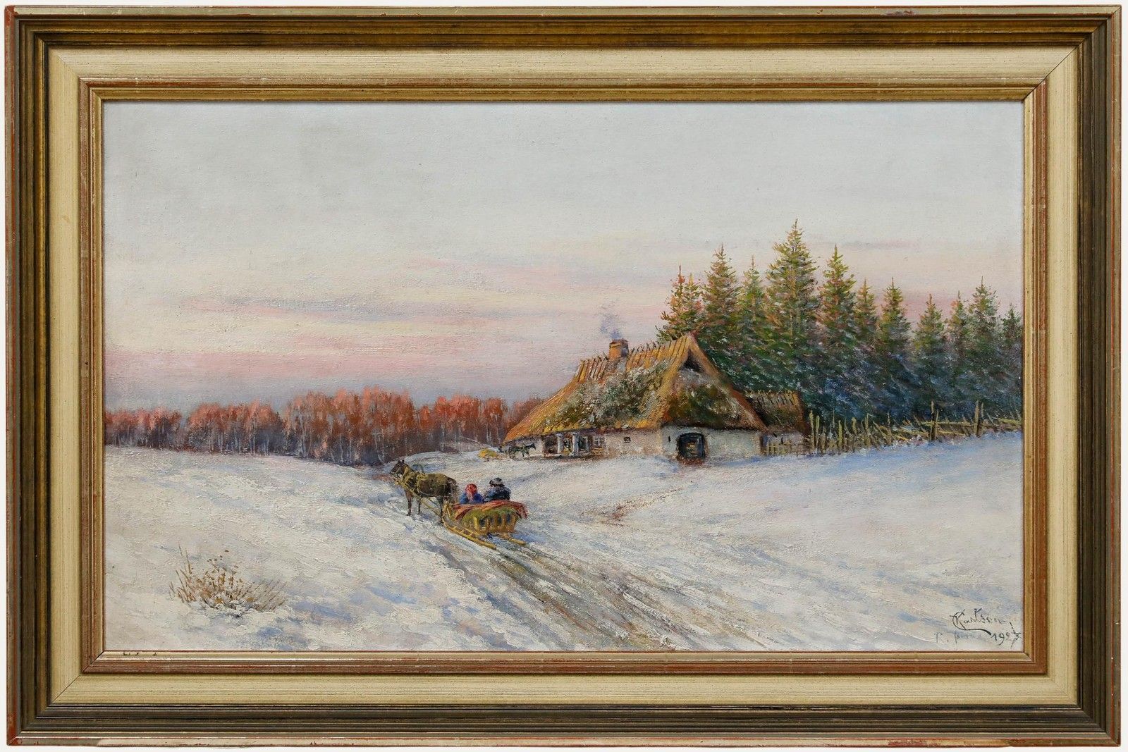 Framed Early 20th Century Oil Dashing Through The Snow