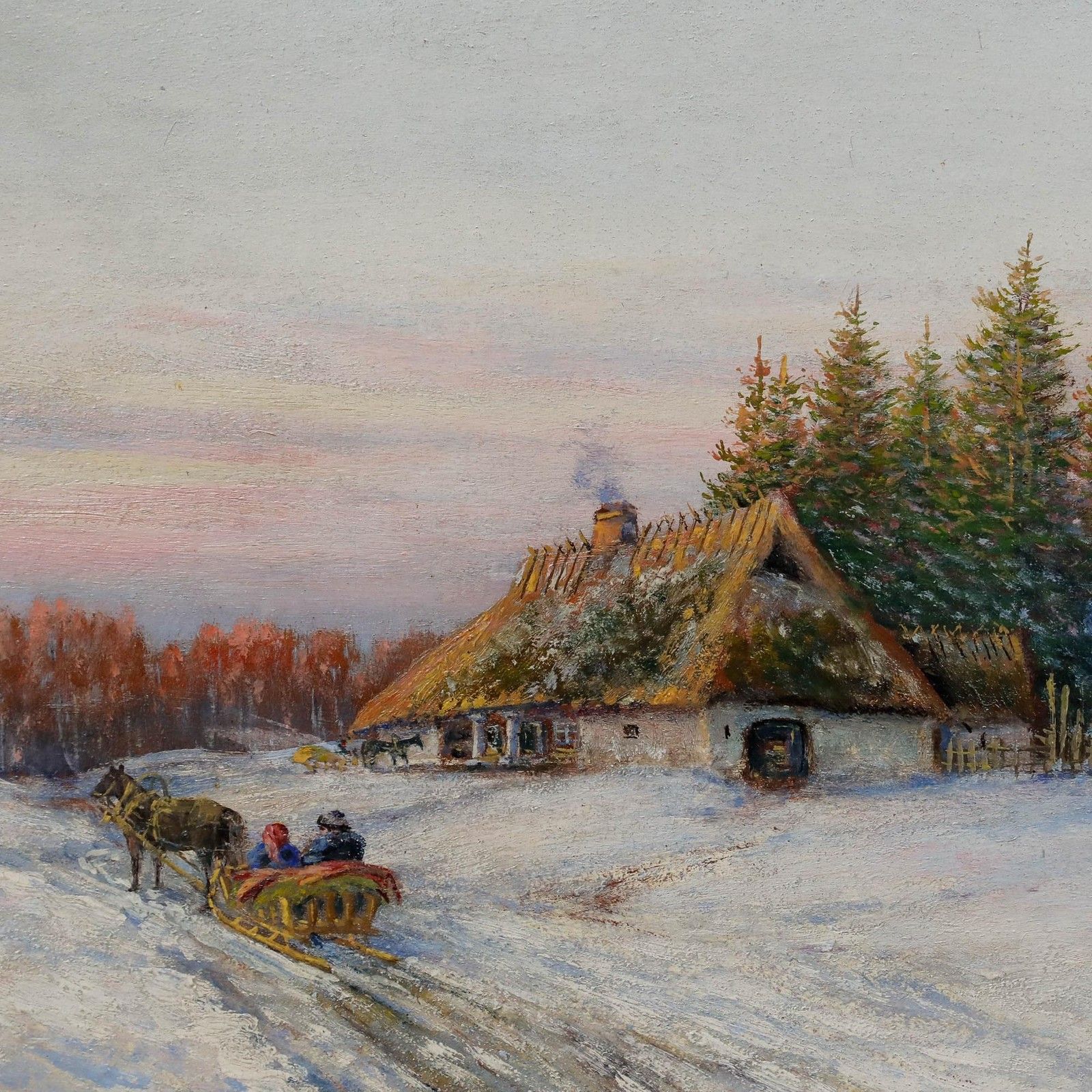 Framed Early 20th Century Oil Dashing Through The Snow photo Art