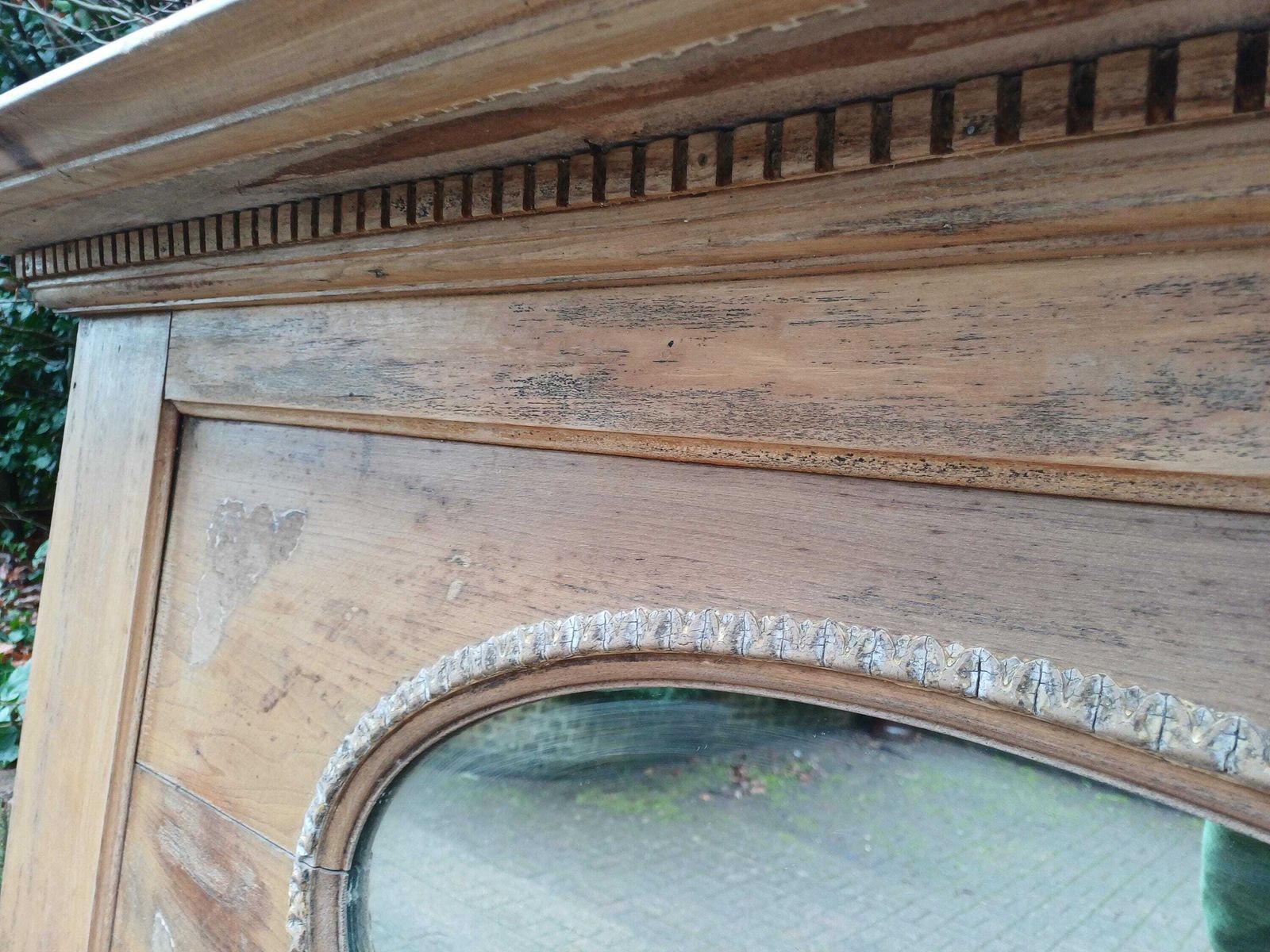photo vinterior 1920s 1930s Stripped Pine Fire Surround With Oval Mirror Original Gesso Detail Distressed Finish Vintage Fireplace Mantel