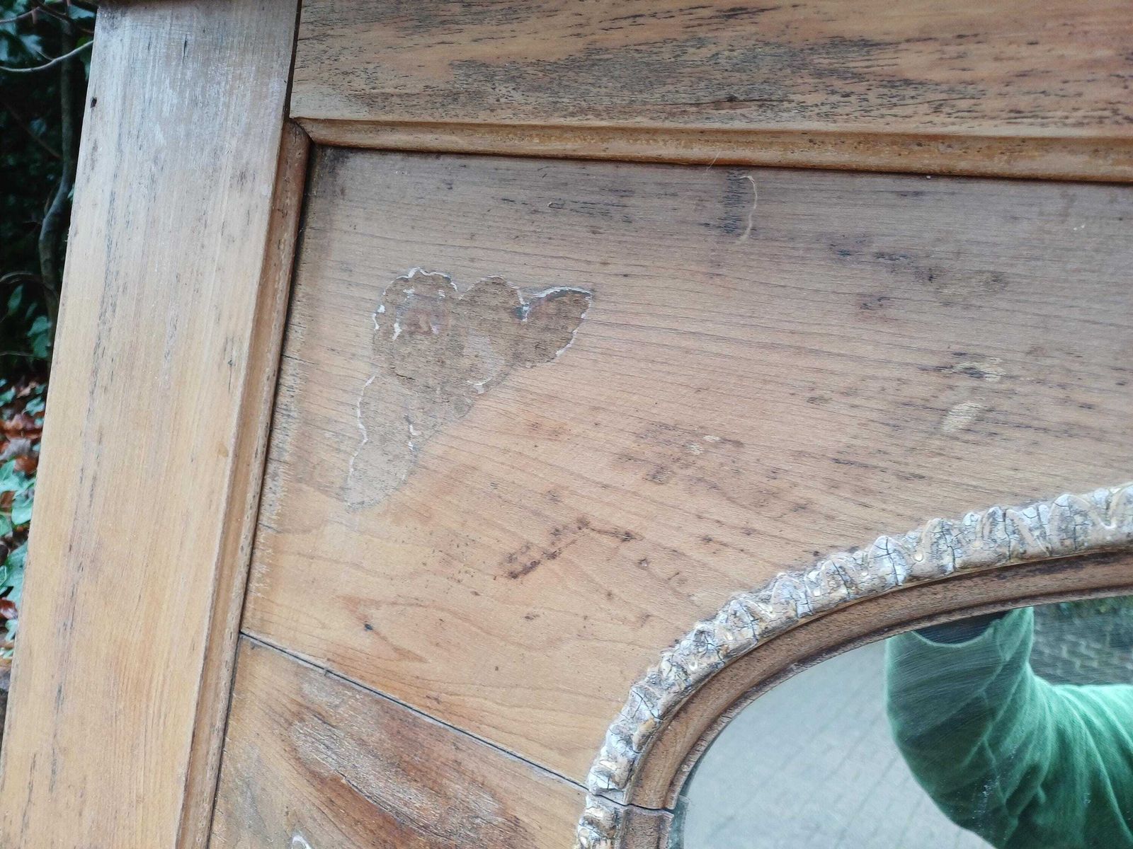 photo buy 1920s 1930s Stripped Pine Fire Surround With Oval Mirror Original Gesso Detail Distressed Finish Vintage Fireplace Mantel
