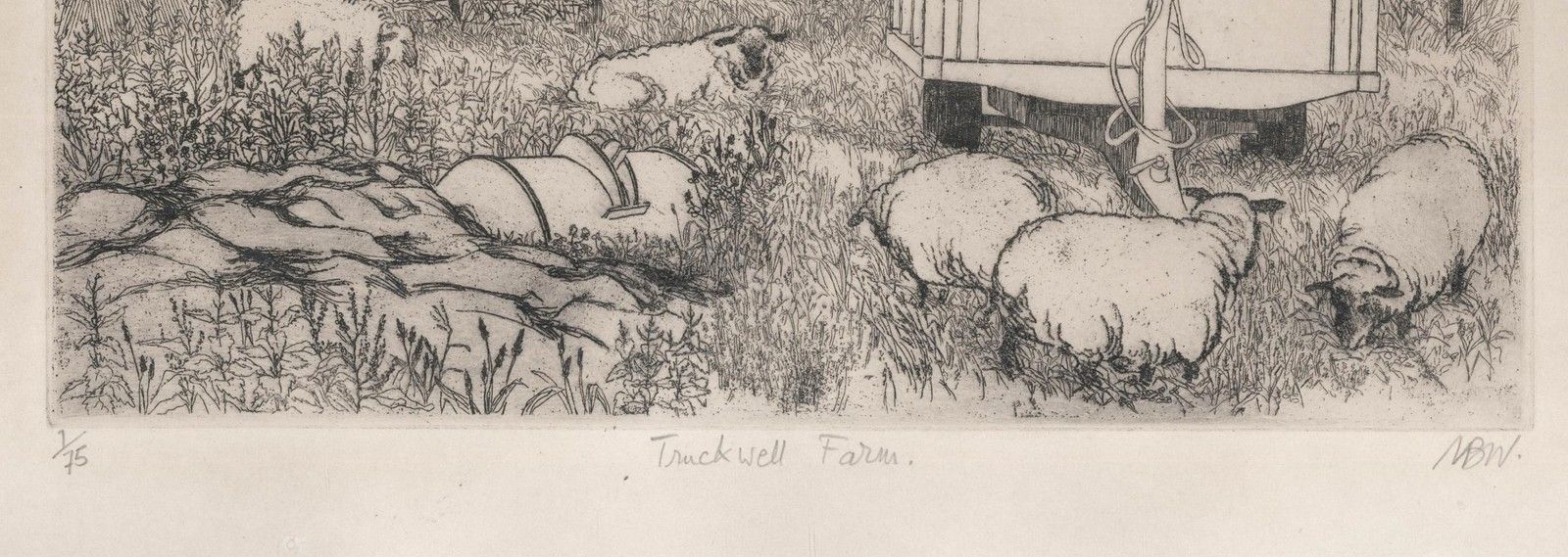 N.B.W Mid 20th Century Etching, Truckwell Farm photo for sale