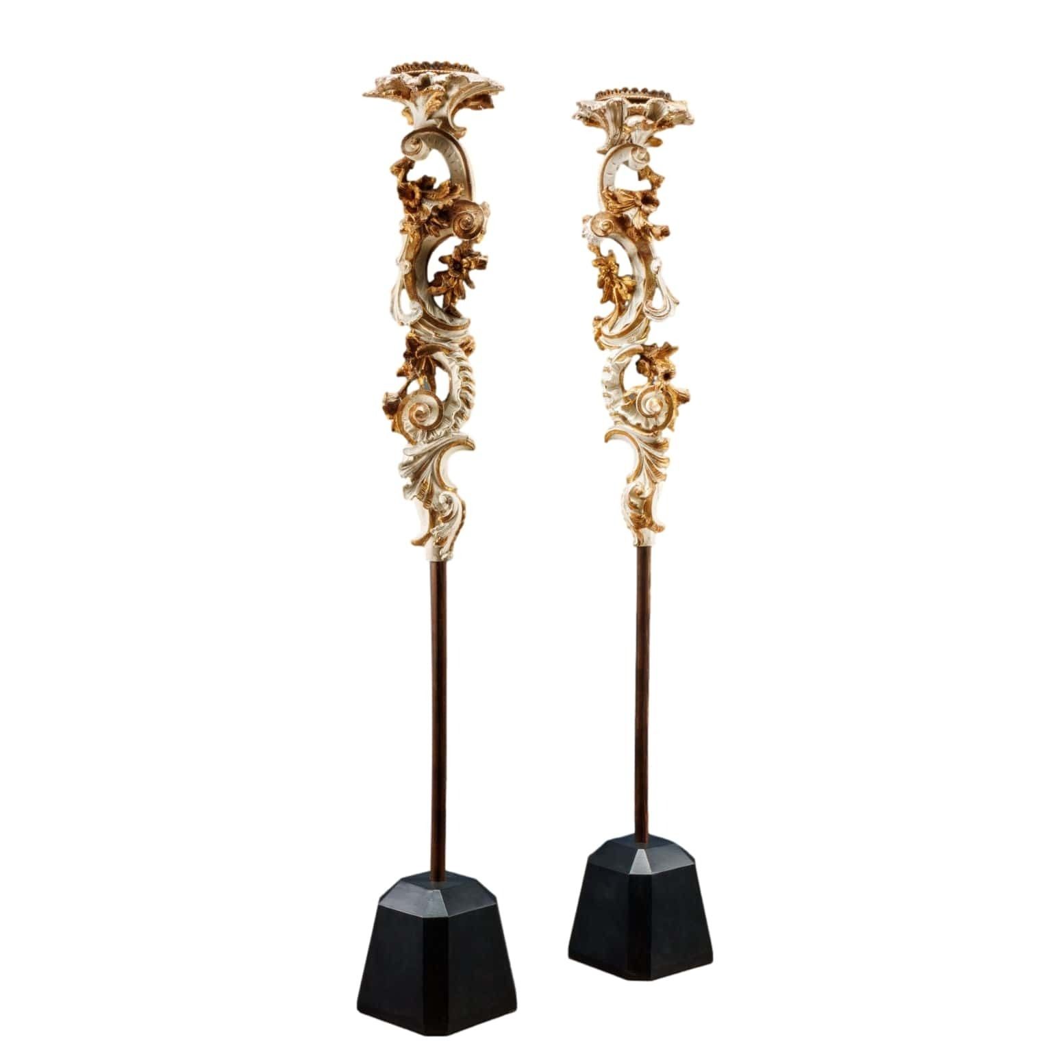 Pair Of Baroque Style Candle Holders Wood Italy 1750 Ca.