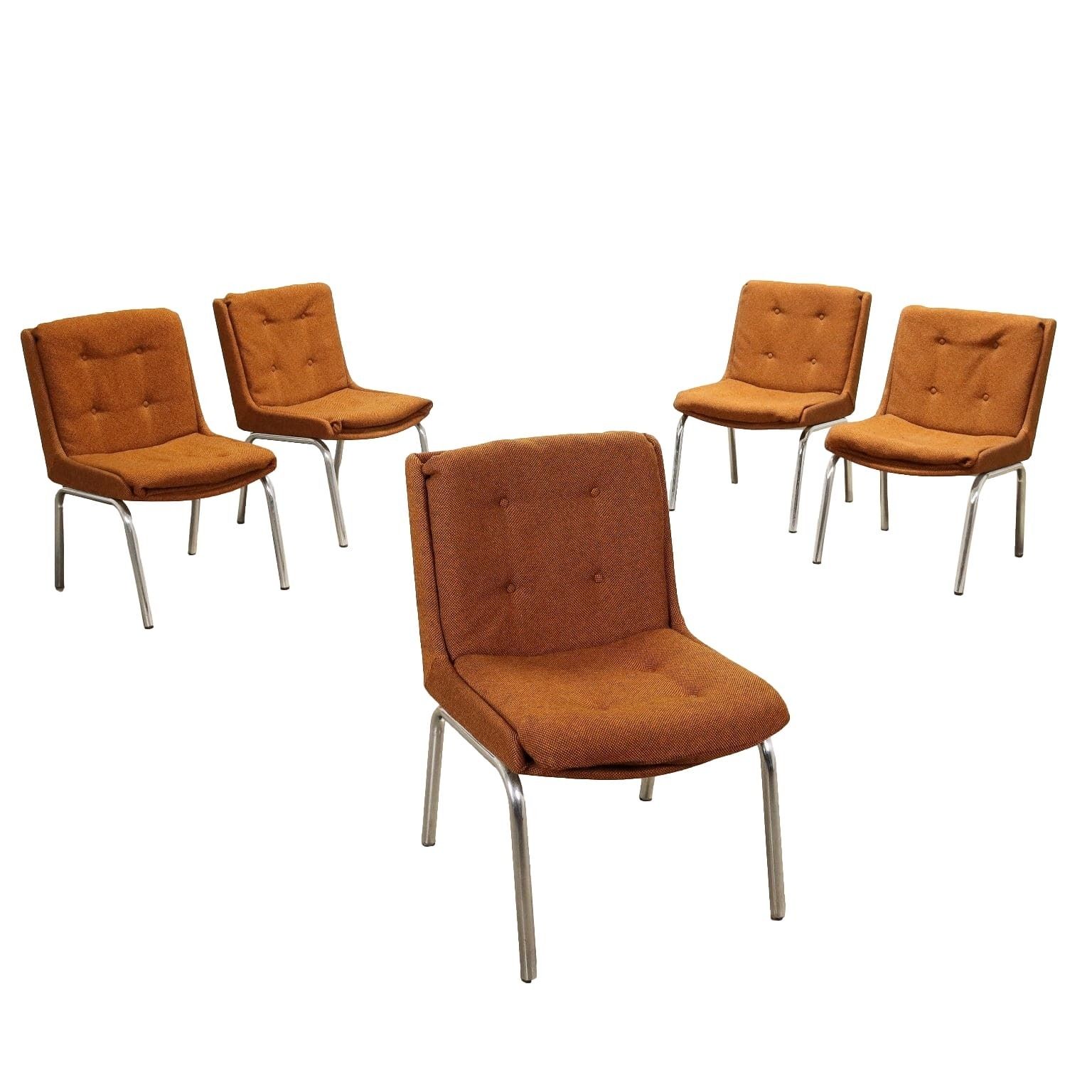 Group Of 5 Vintage 1970s Chairs Chromed Metal Fabric Italy
