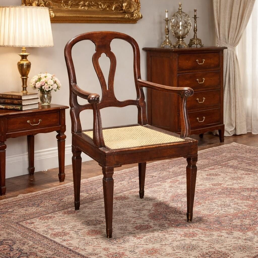 Antique Armchair Walnut Caned Seat Italy XVIII Century photo furniture