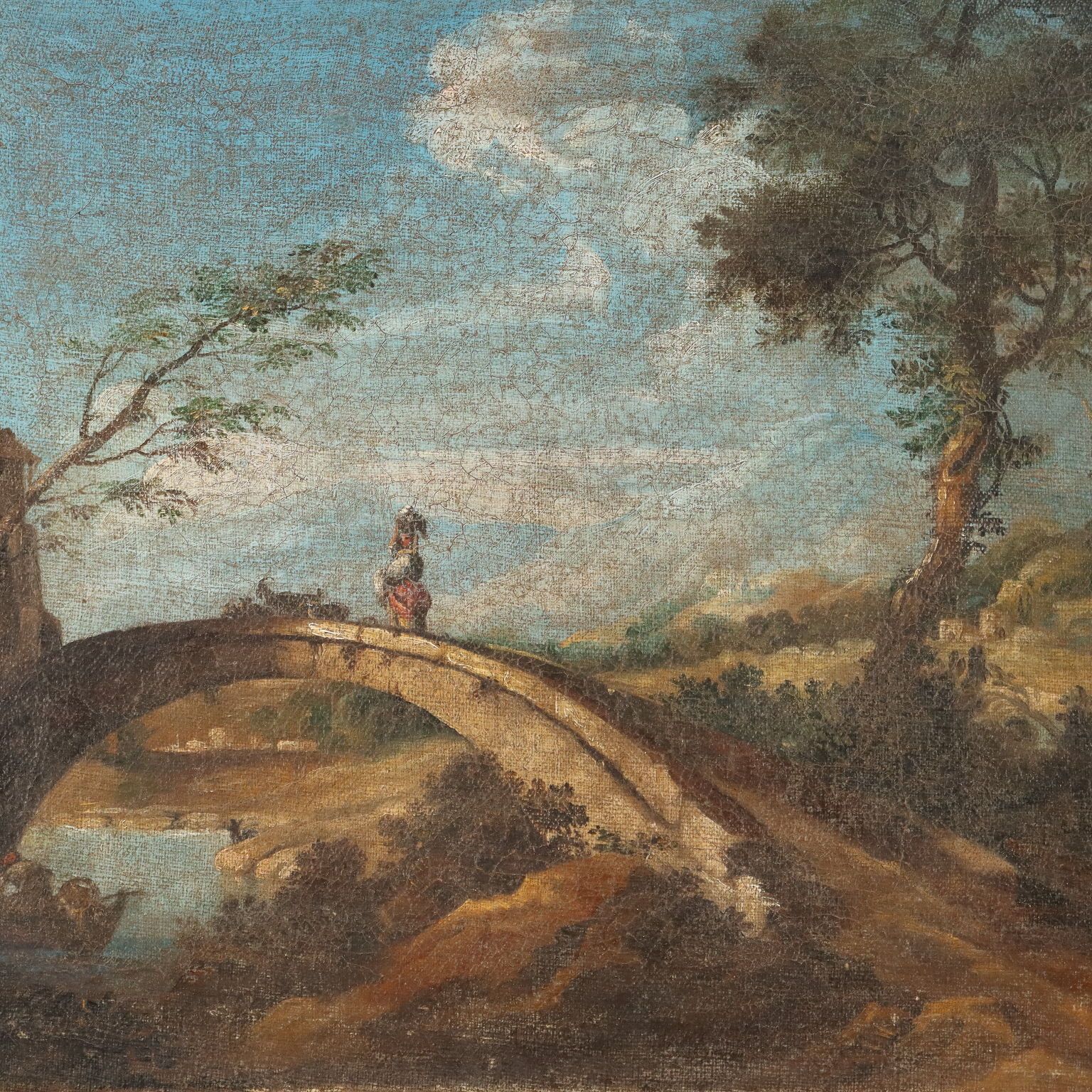 Antique Painting Landscape With Bridge Oil On Canvas XVIII Century photo for sale