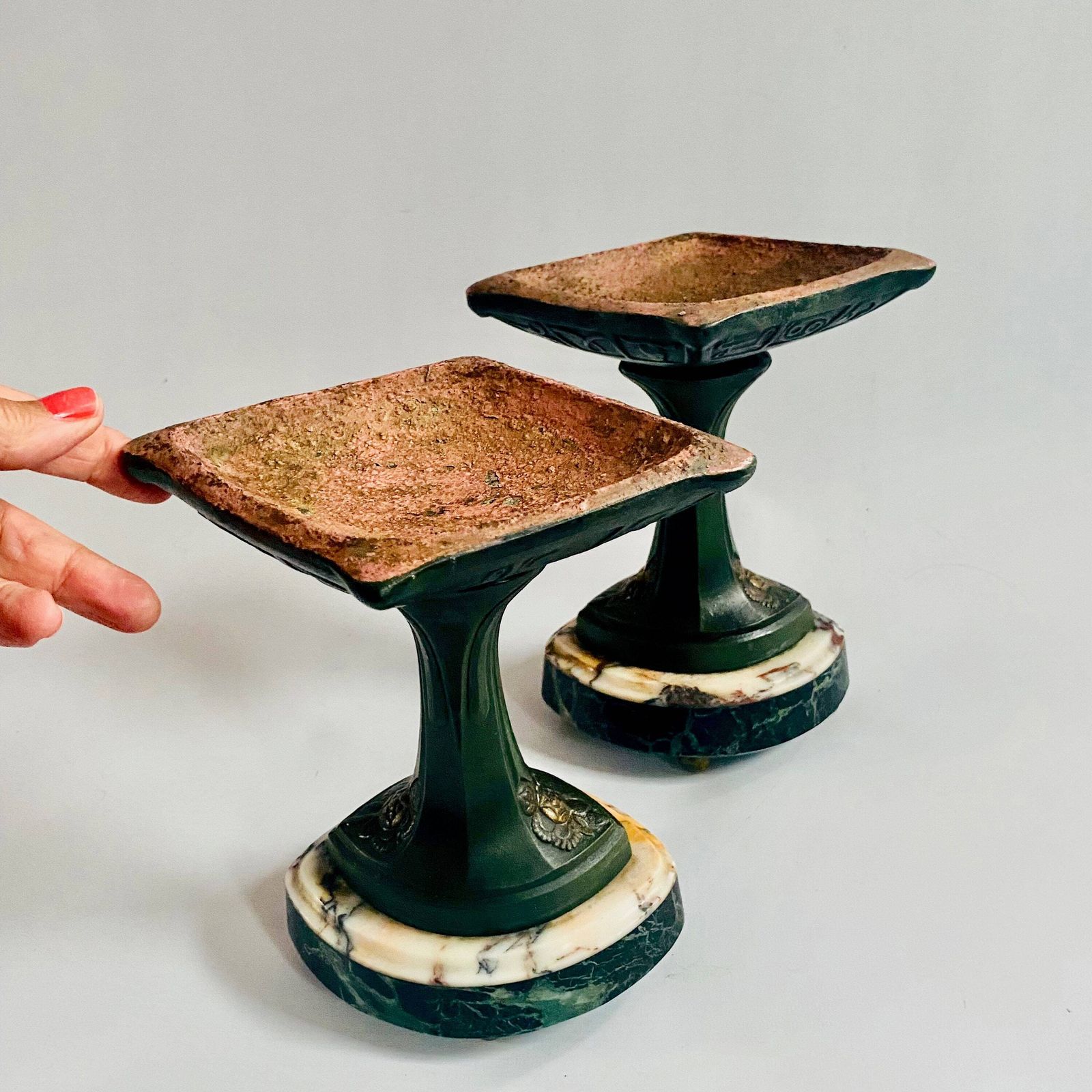 Antique French Bronze & Sienna Marble Cassolettes: Egyptian Hieroglyphs Fireplace Urns photo for sale