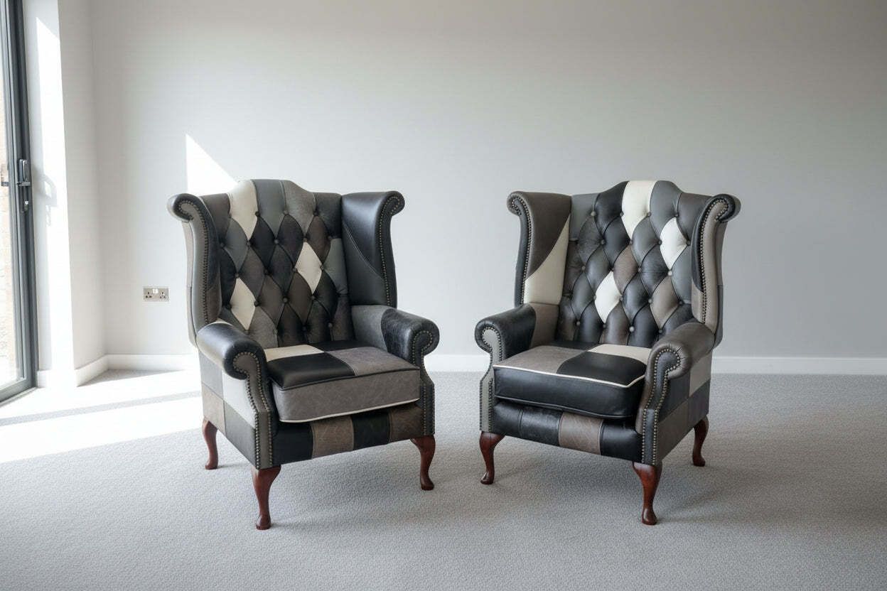 Pair Of Harlequin Leather Queen Anne Chairs In Premium Leather. New Stock!