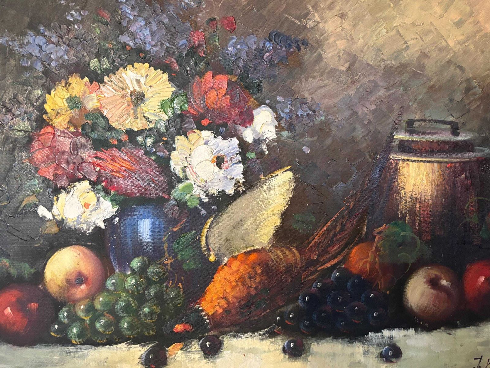 Large Flemish Floral & Game Still Life Oil On Canvas Painting. Mid Century photo Art