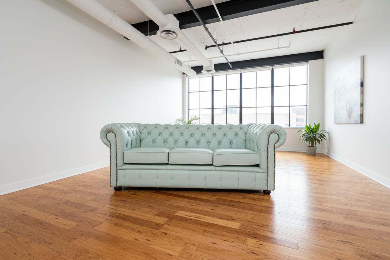 Classic 3 Seat Chesterfield Sofa In Premium Soft Mint Green Leather. New Stock!
