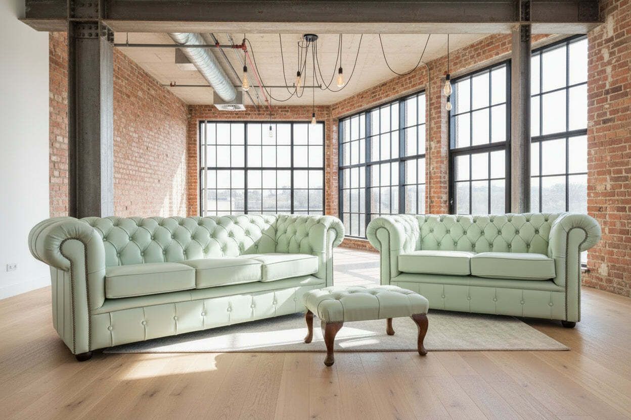 Classic 3 Seat And Matching 2 Seat Chesterfield Sofas In Premium Soft Mint Green Leather. New Stock!