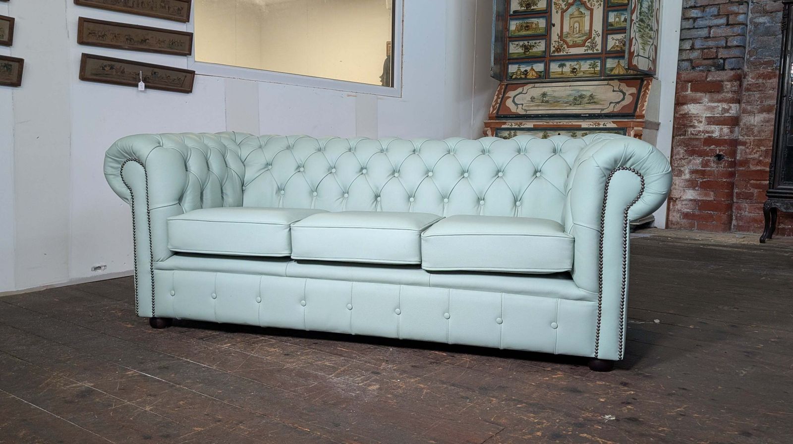 Classic 3 Seat And Matching 2 Seat Chesterfield Sofas In Premium Soft Mint Green Leather. New Stock! photo furniture