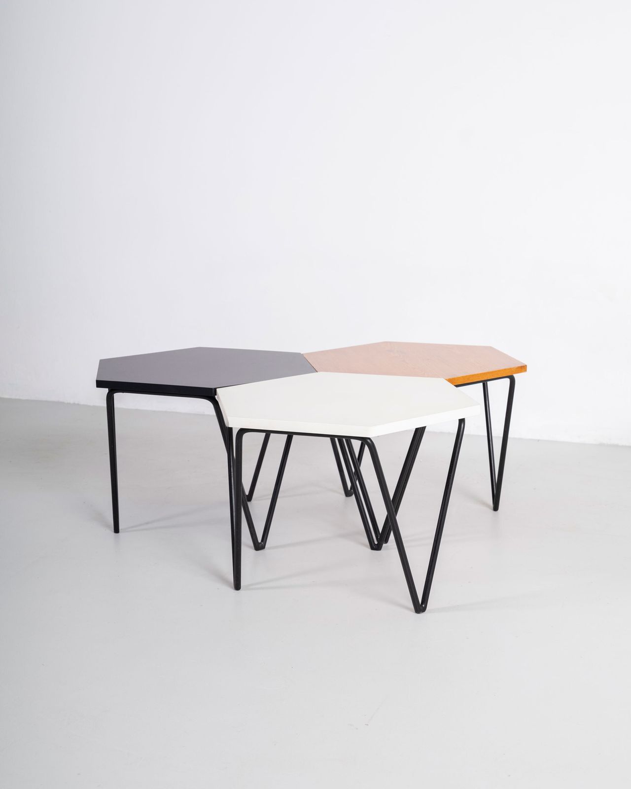 Gio Ponti Set Of Three Hexagonal Coffee Tables In Wood And Metal I.S.A. 1950s photo for sale