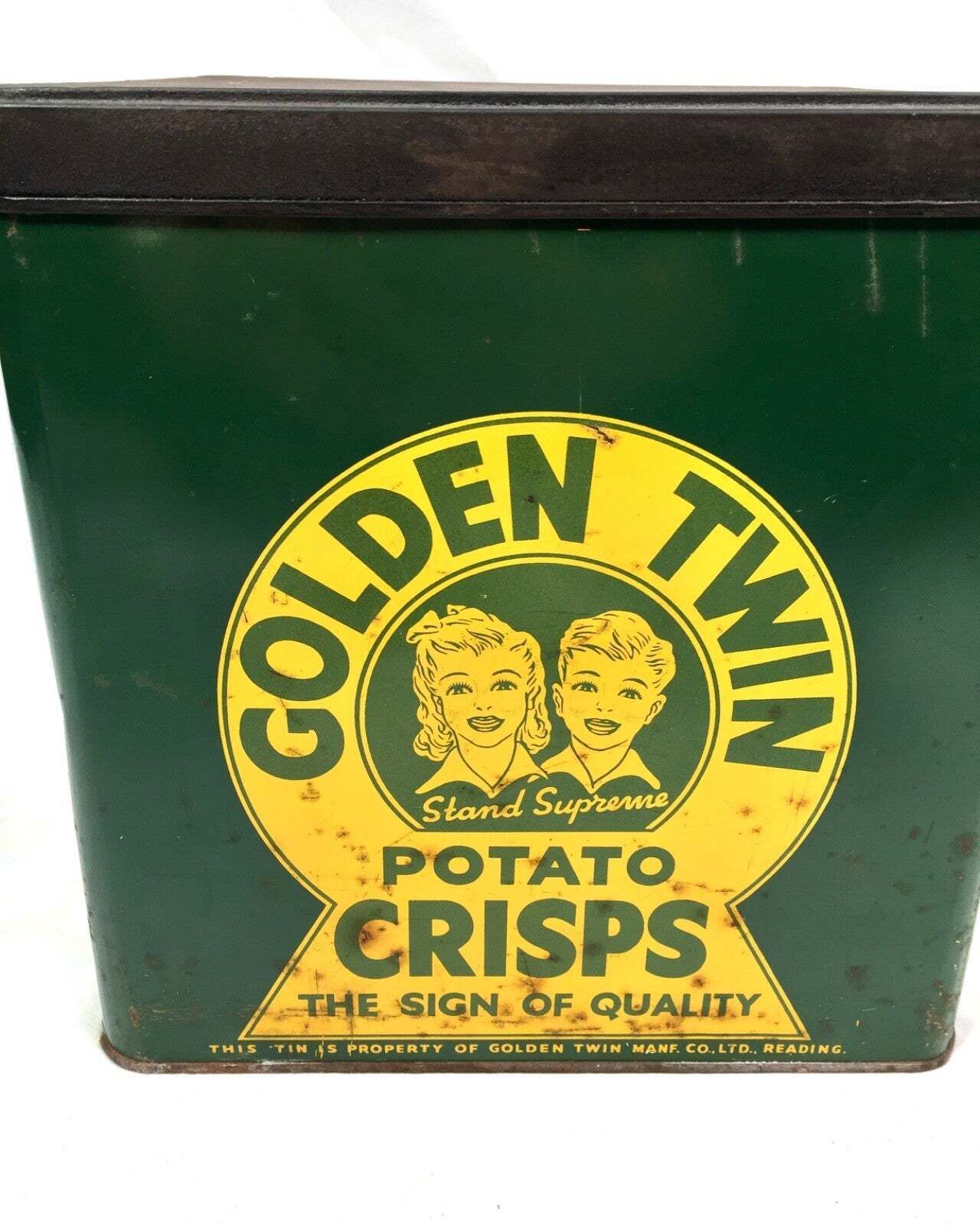 Antique Advertising Rare Shop Display Golden Twin Potato Crisps Tin C.1930 photo Home Decor