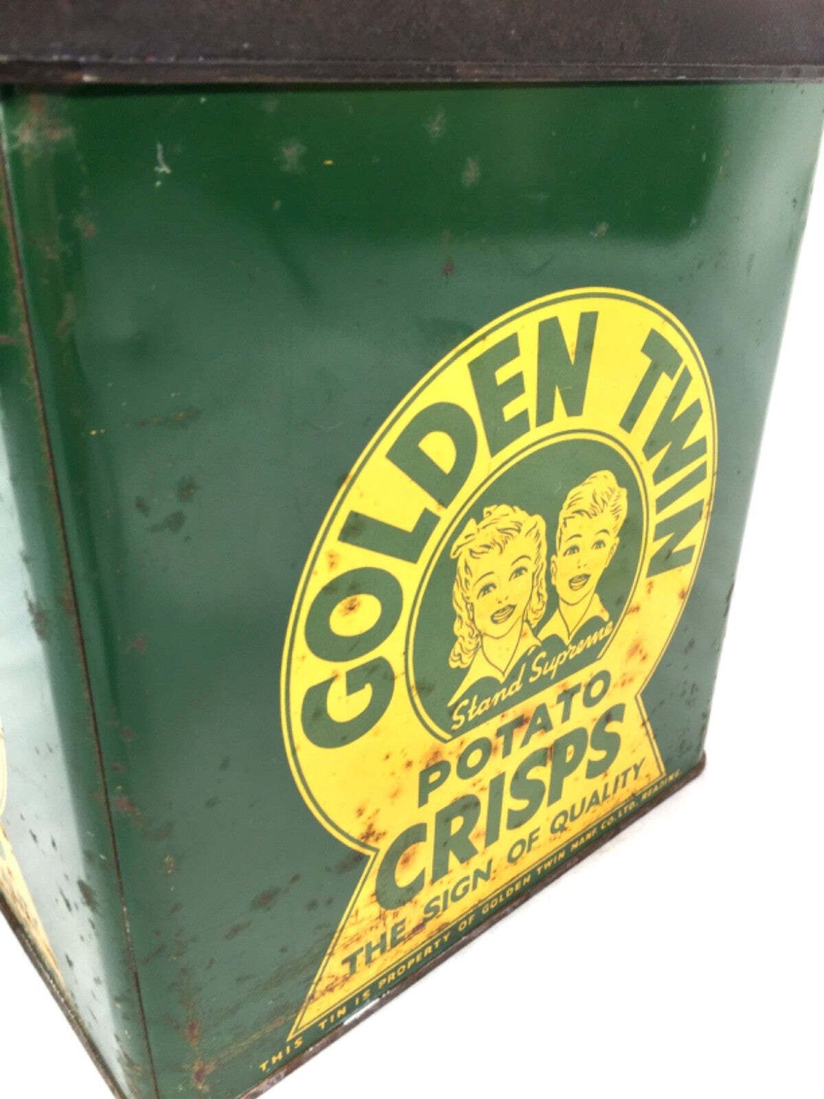 Antique Advertising Rare Shop Display Golden Twin Potato Crisps Tin C.1930 photo 119.0