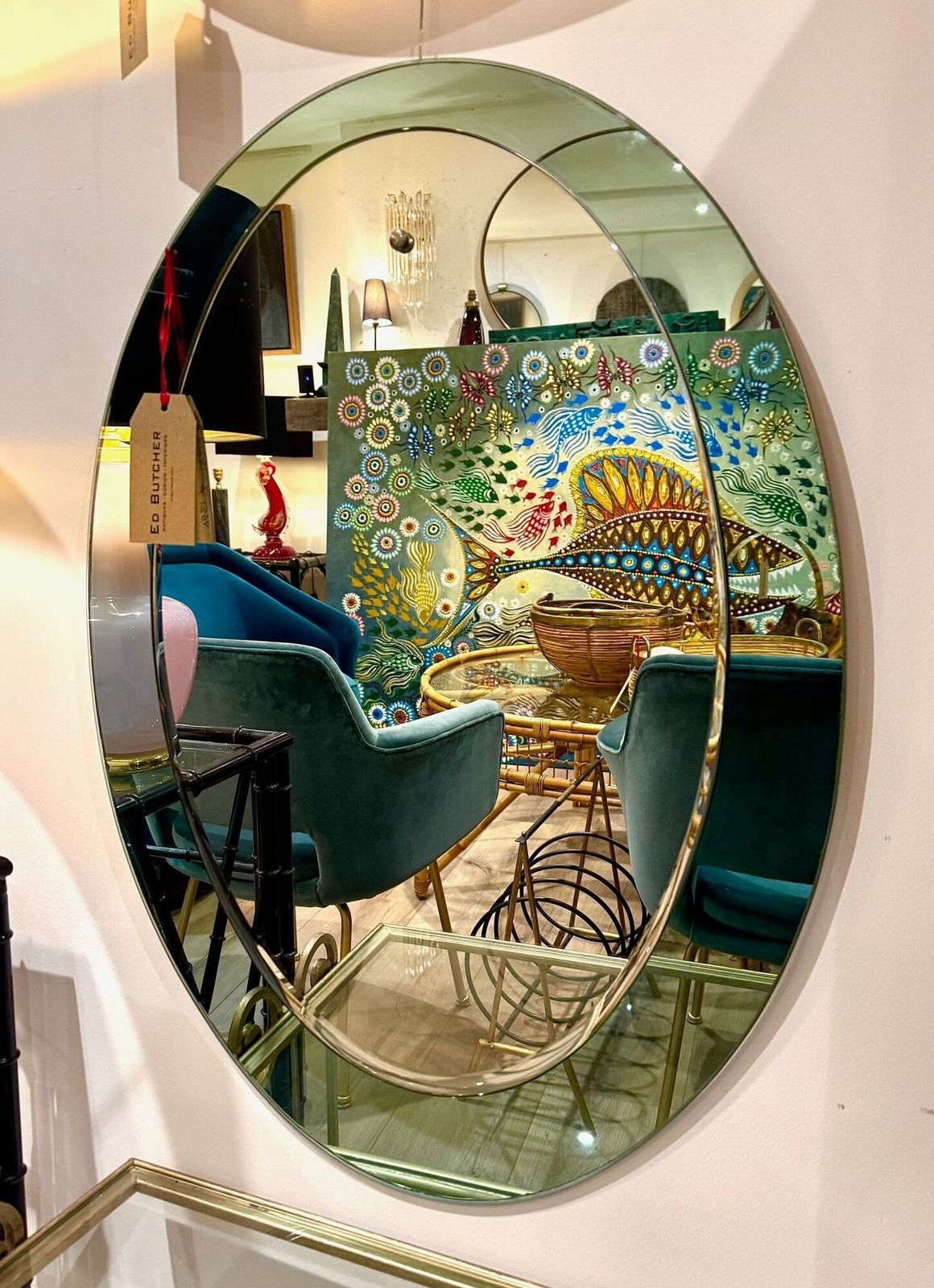 photo vinterior Copy   An Italian 1960s Crystal Arte Oval Mirror With Pastel Mint Green Mirrored Frame
