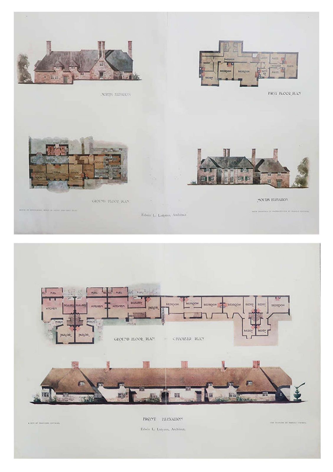 Pair Of Original Antique Prints Of Architectural Drawings By E.L.Lutyens. 1906 photo furniture