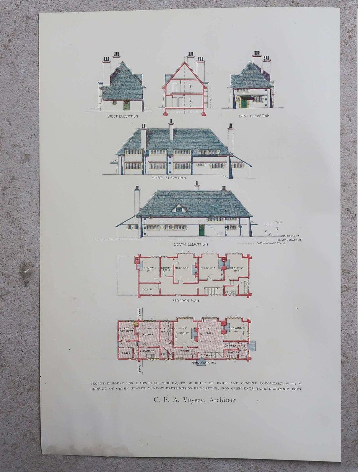 Pair Of Original Antique Prints Of Architectural Drawings By C.F.A Voysey. 1906 photo Art