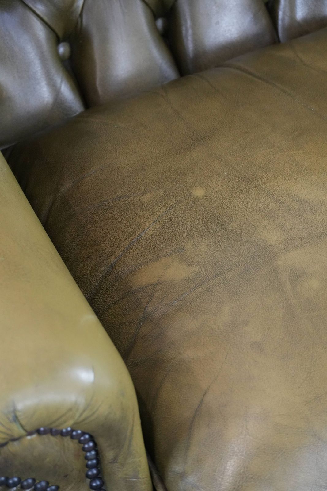 986.0 Moss Green Cowhide Chesterfield Wingback Armchair In English Style Finished With Decorative Nails photo