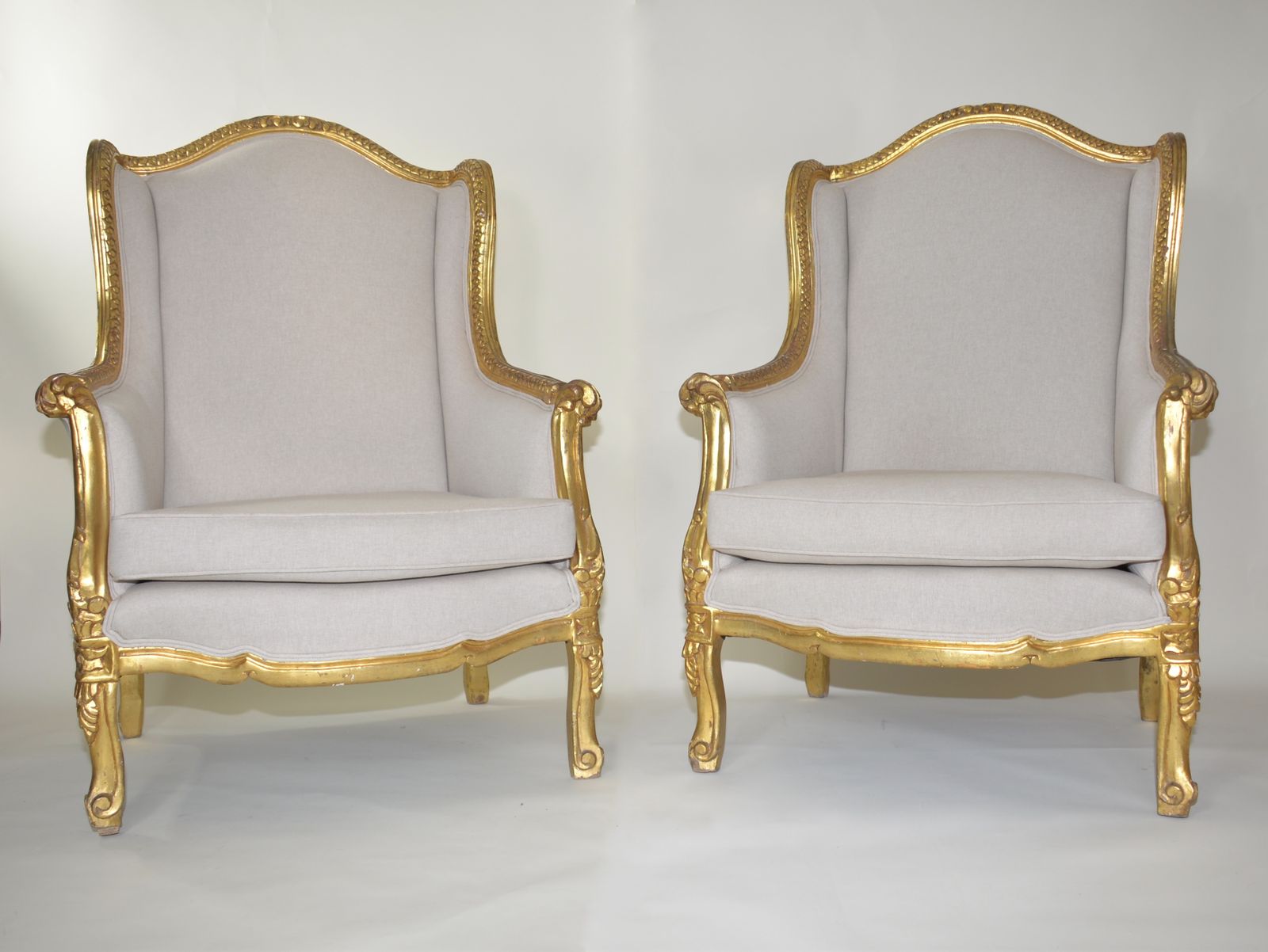 A Pair Of Louis XV Style Late 19th Century Gilt Framed Armchairs