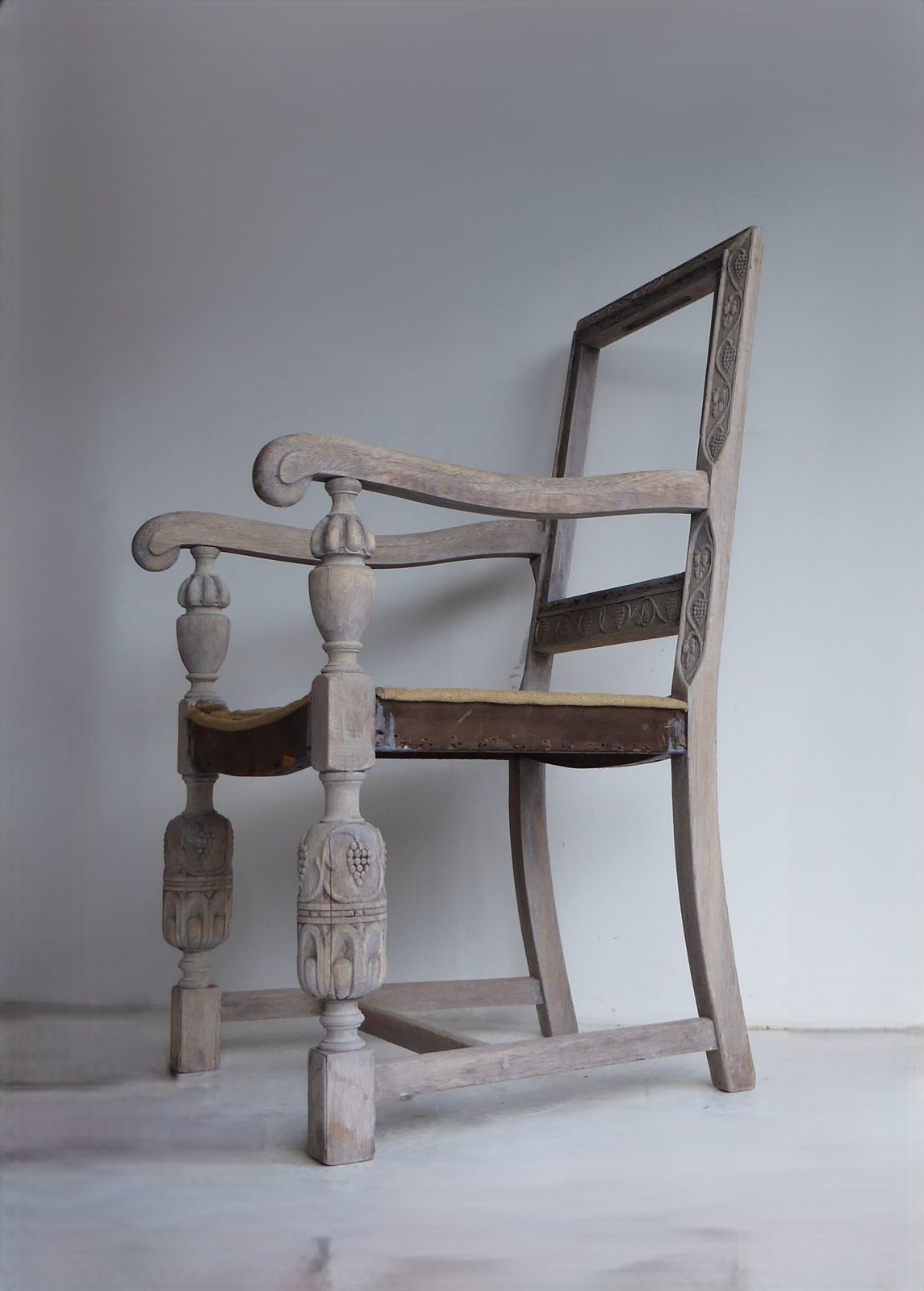 Pair Of  French Weathered Oak Late 19th Century Upholstered  Armchairs Carver Chairs photo buy