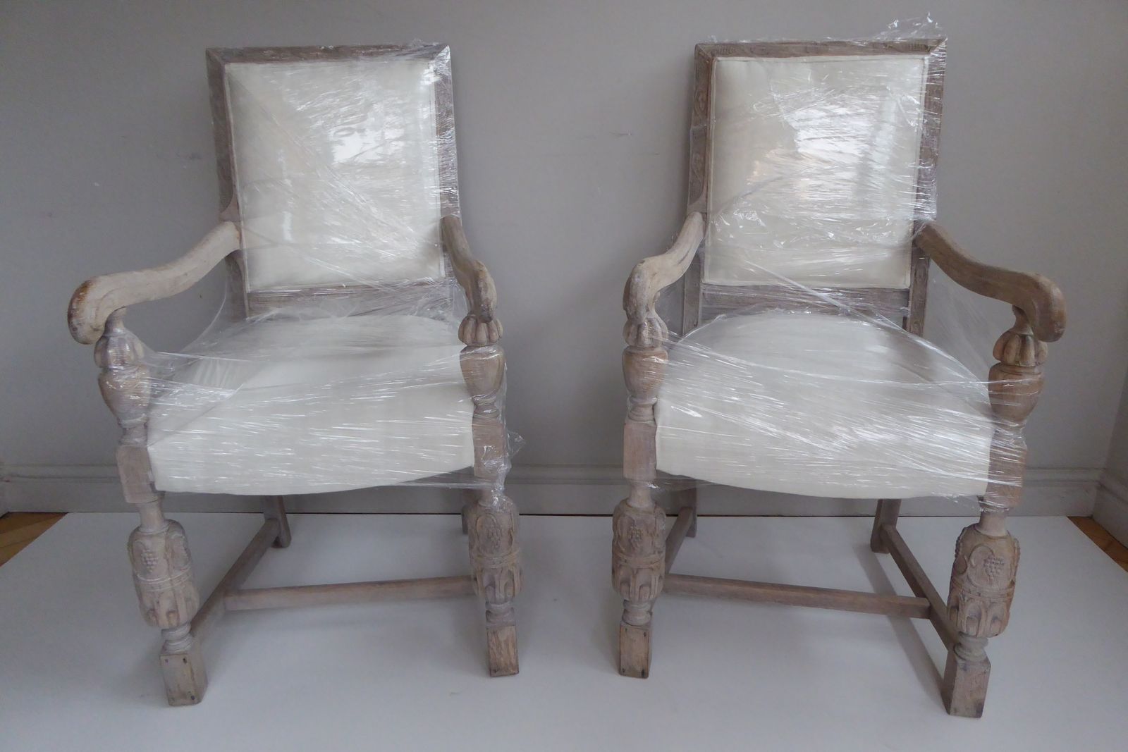 Furniture Pair Of  French Weathered Oak Late 19th Century Upholstered  Armchairs Carver Chairs photo