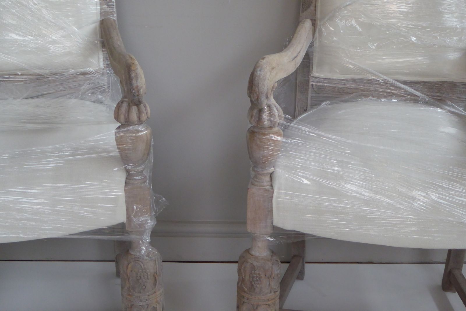photo buy Pair Of  French Weathered Oak Late 19th Century Upholstered  Armchairs Carver Chairs
