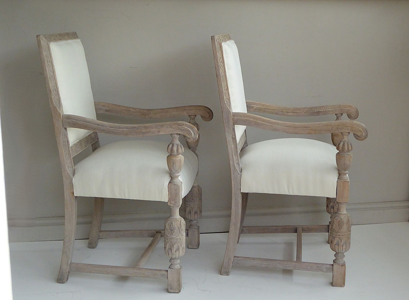 Pair Of  French Weathered Oak Late 19th Century Upholstered  Armchairs Carver Chairs