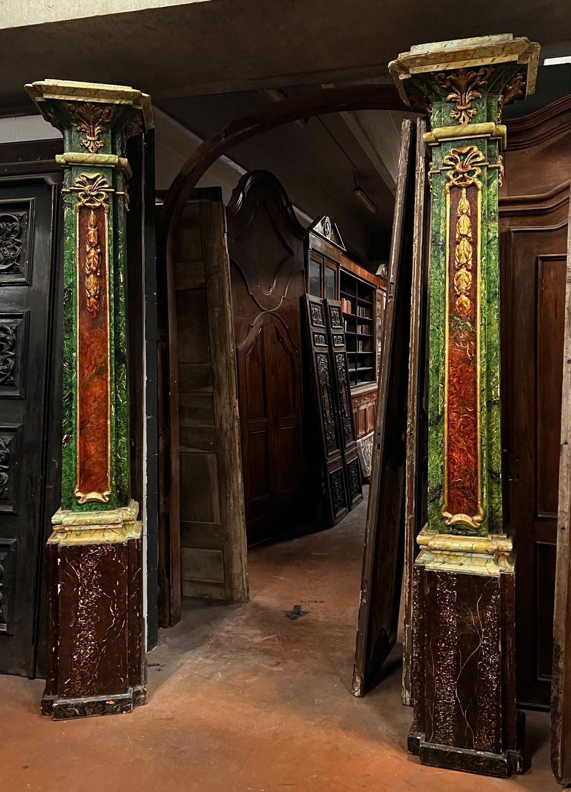 Pair Of Decorative Polychrome Columns With Gilt Trim, Italy photo for sale