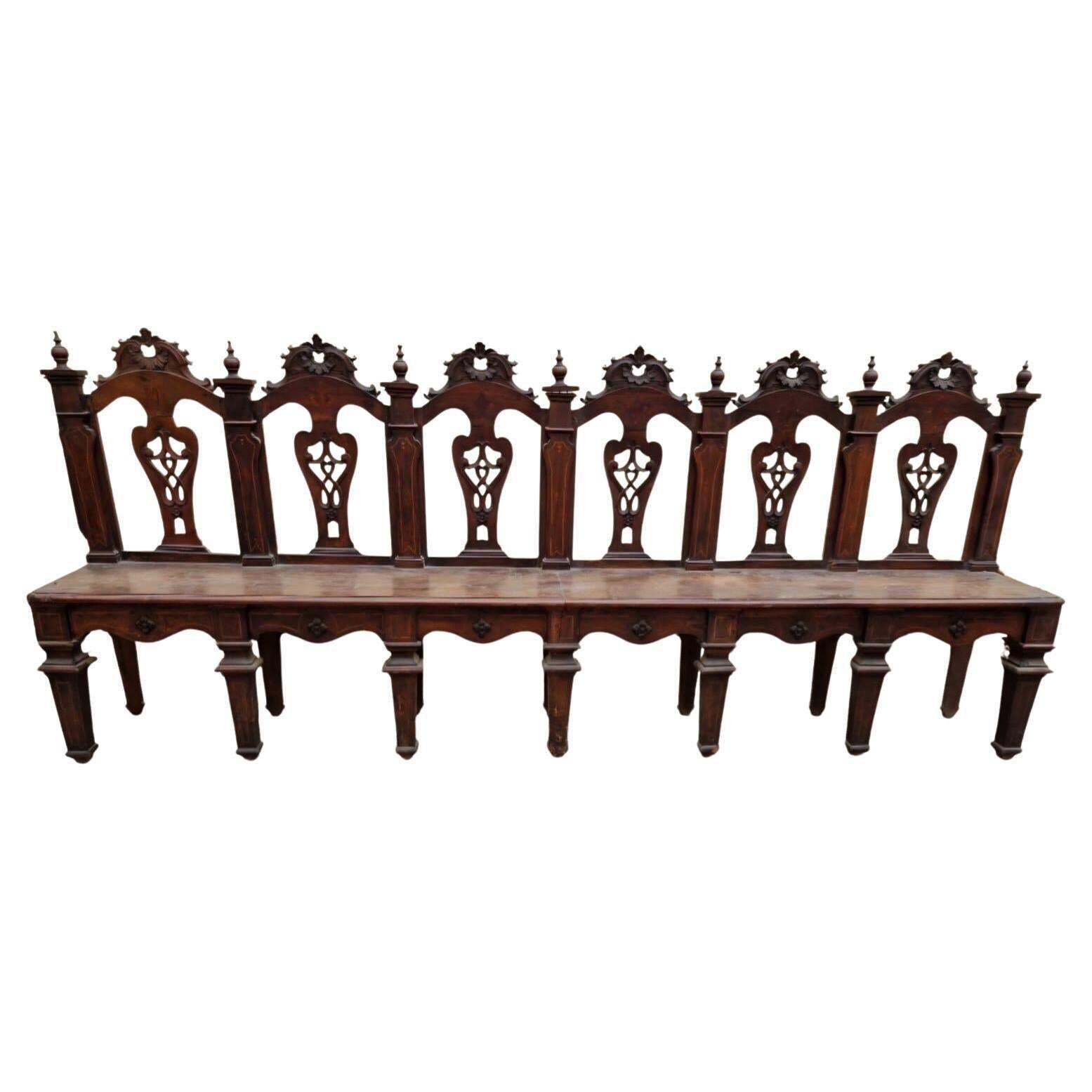 Important Walnut Bench, Finely Carved And Inlaid, Italy