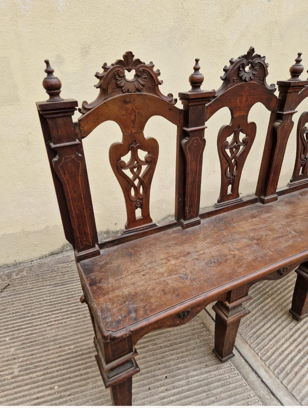 Important Walnut Bench, Finely Carved And Inlaid, Italy photo for sale