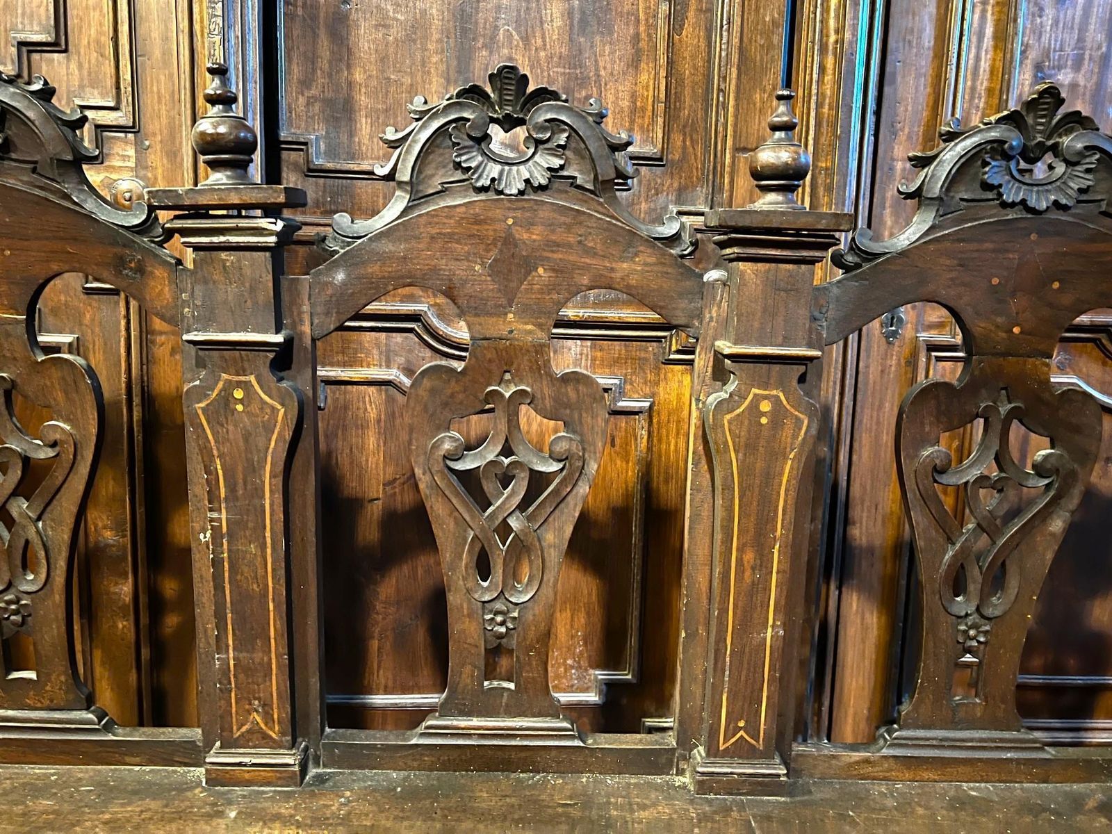 Important Walnut Bench, Finely Carved And Inlaid, Italy photo 3118.0