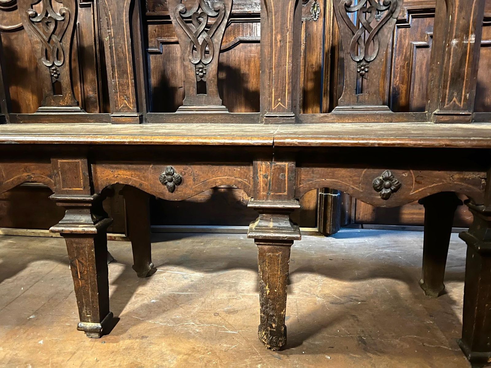 Important Walnut Bench, Finely Carved And Inlaid, Italy photo vinterior