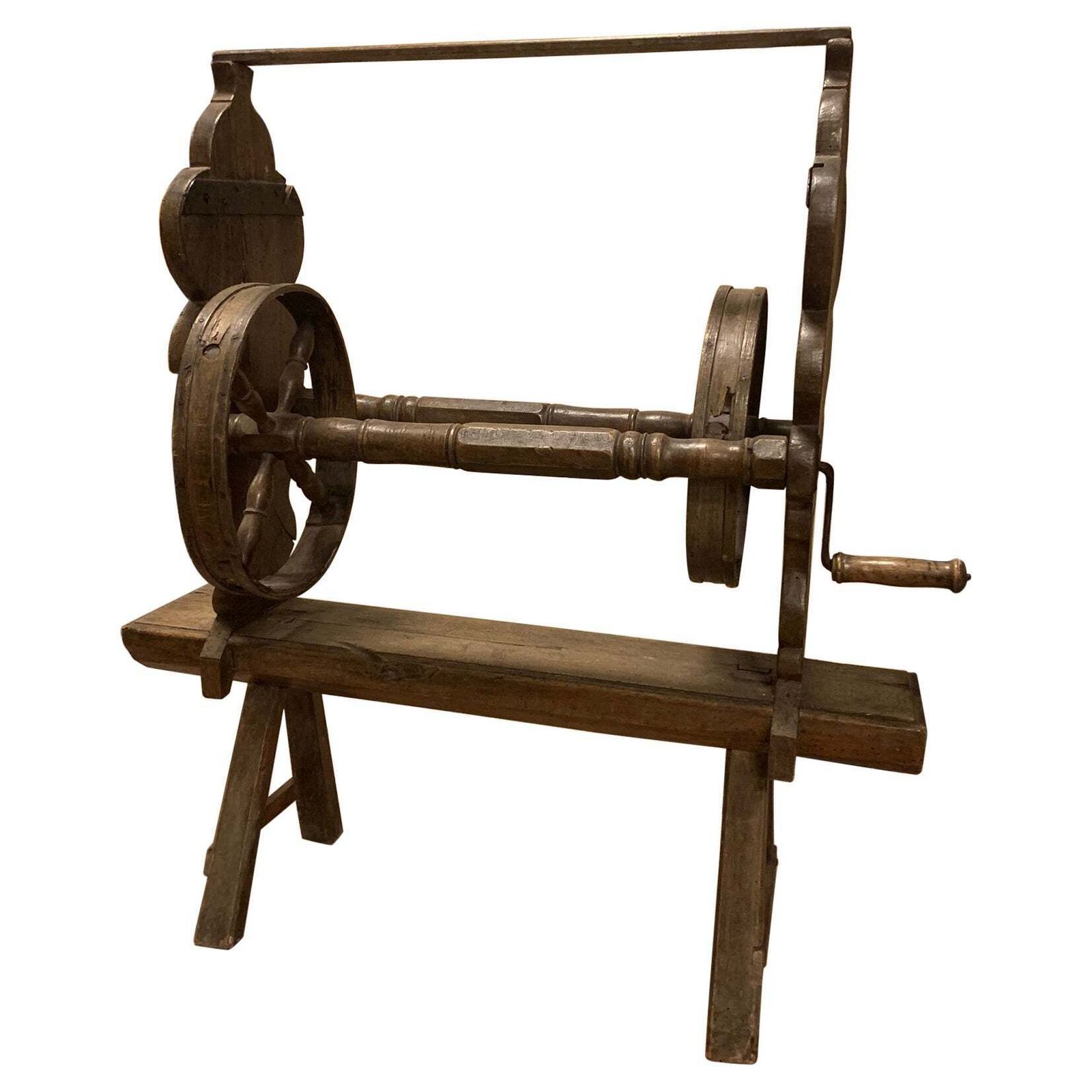 Antique Wooden Spinning Wheel With Crank, Work Tool, Italy