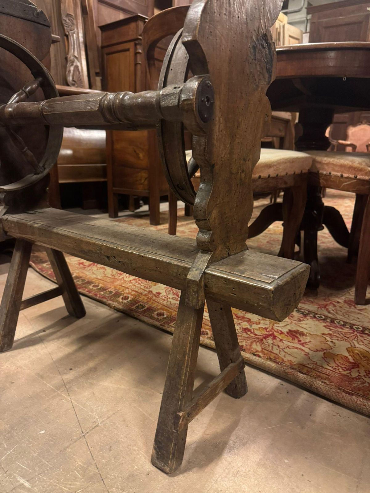 Antique Wooden Spinning Wheel With Crank, Work Tool, Italy photo furniture