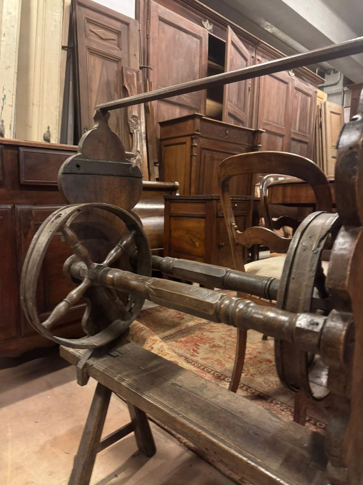 Antique Wooden Spinning Wheel With Crank, Work Tool, Italy photo for sale