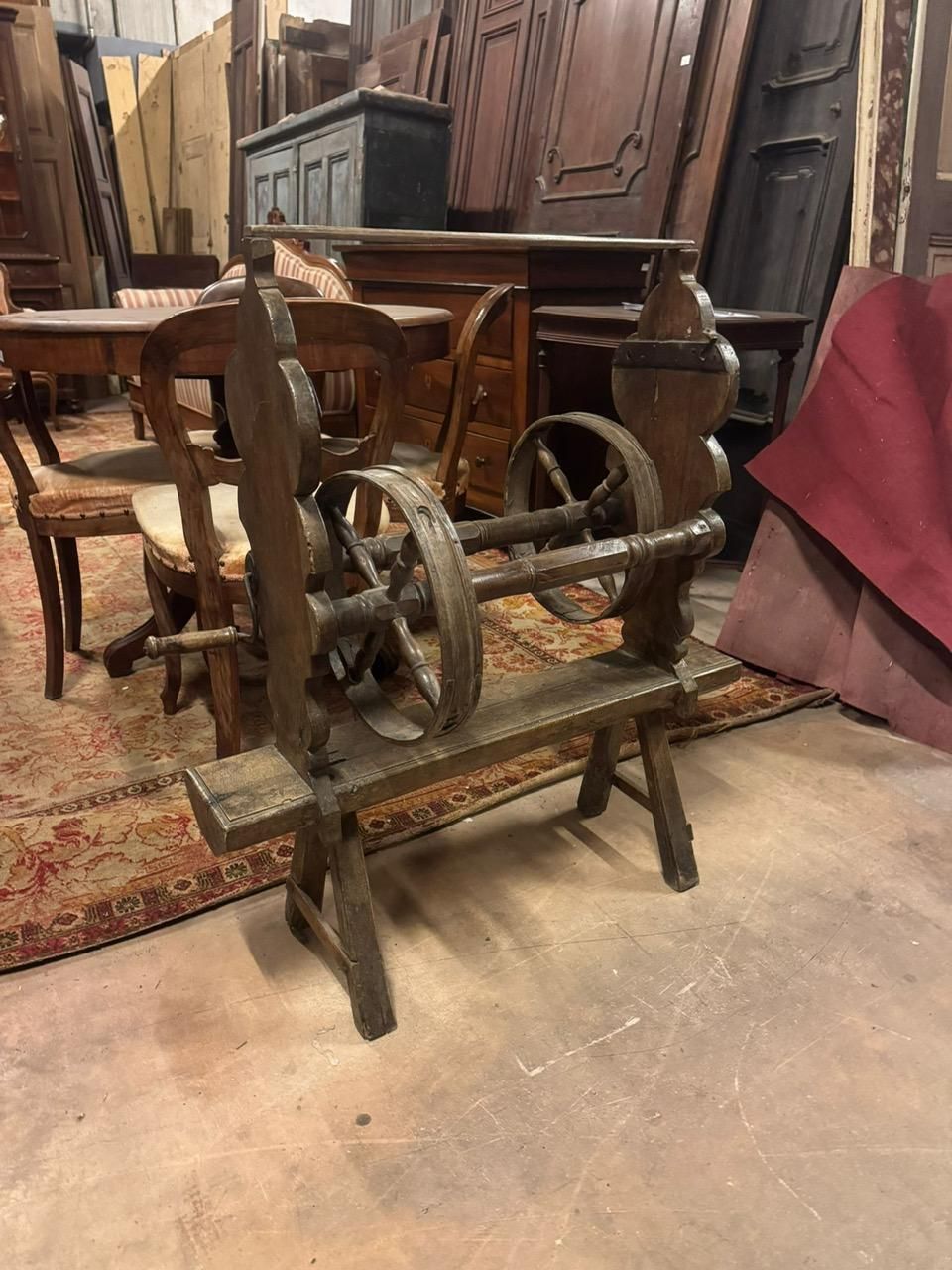 Antique Wooden Spinning Wheel With Crank, Work Tool, Italy photo vinterior