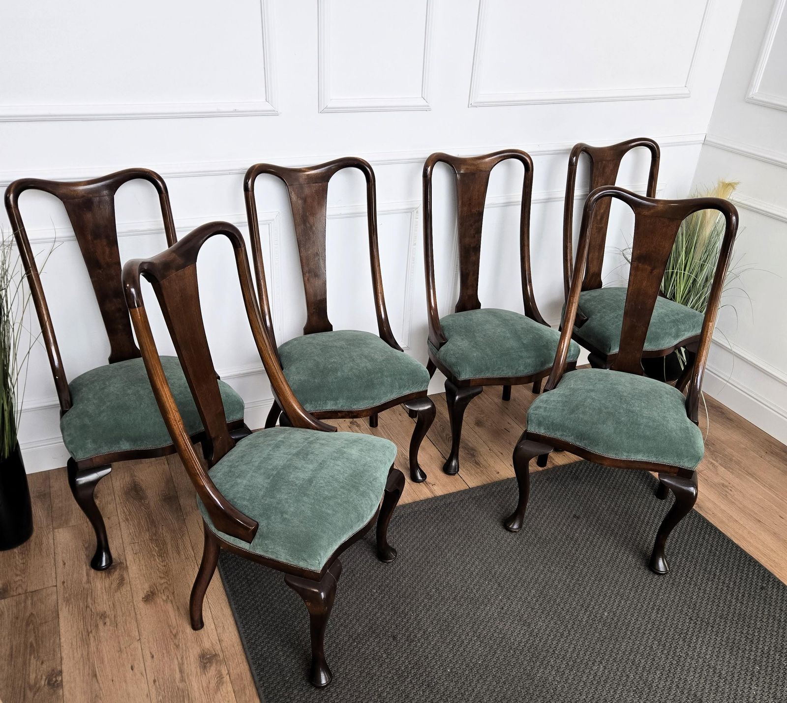 Set Of 6 Mid Century Modern Italian Walnut Wood Upholstered Dining Chairs photo vintage
