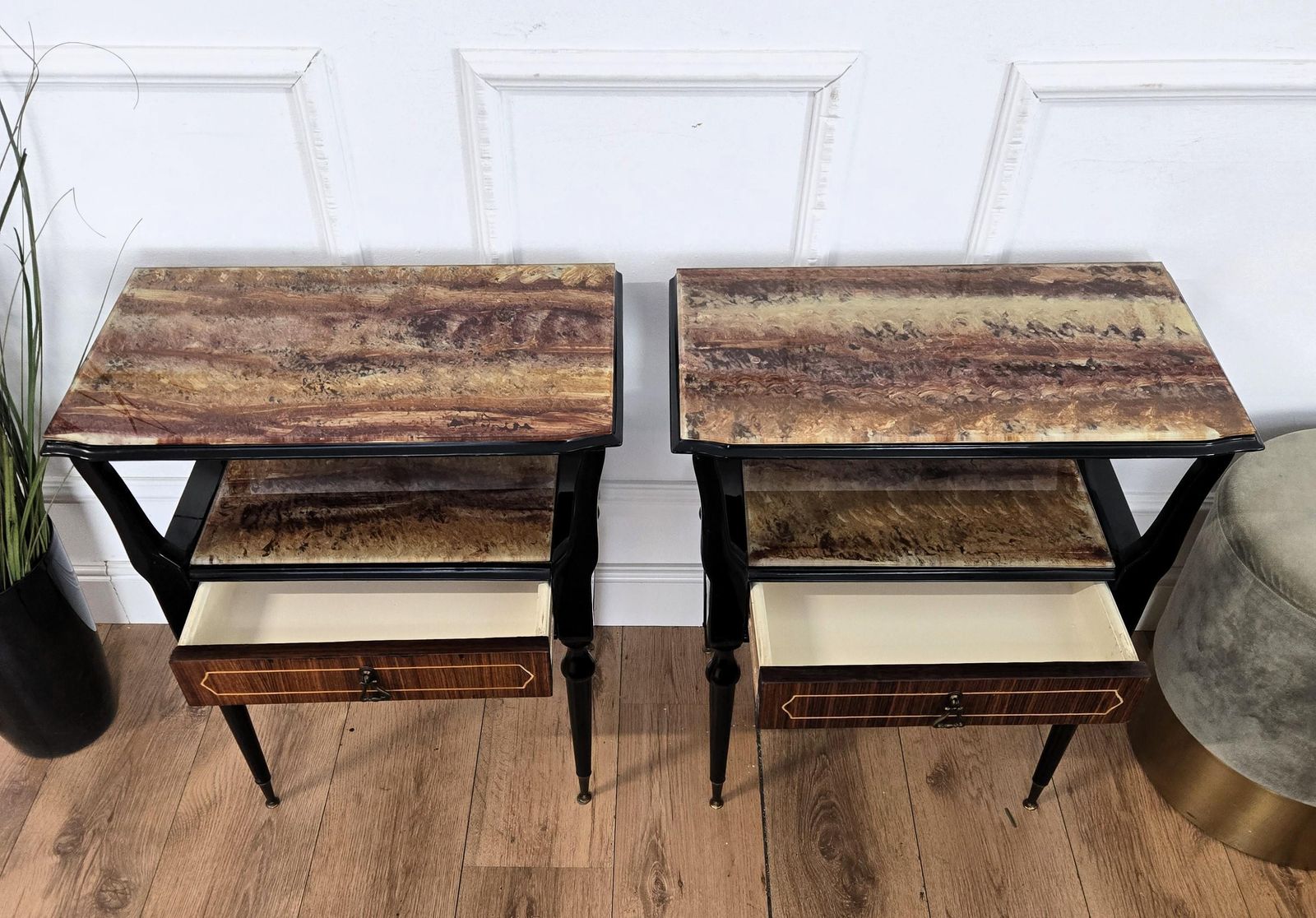 Pair Of Mid Century Italian Art Deco Nightstands Bedside Tables Walnut Glass Top photo buy