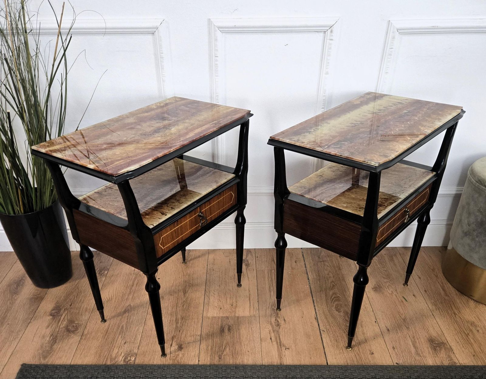 Pair Of Mid Century Italian Art Deco Nightstands Bedside Tables Walnut Glass Top photo vintage