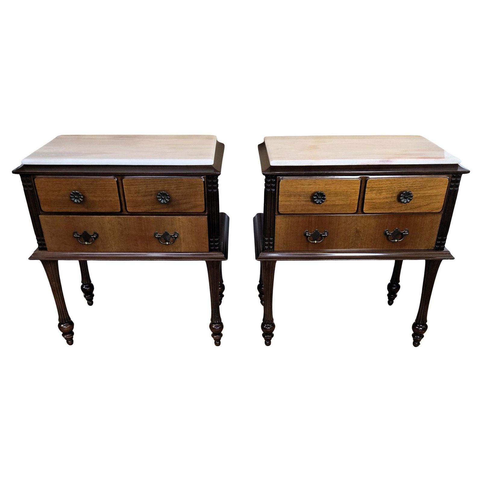 Pair Of Italian Midcentury Art Deco Wood Marble Top Night Stands Bedside Tables
