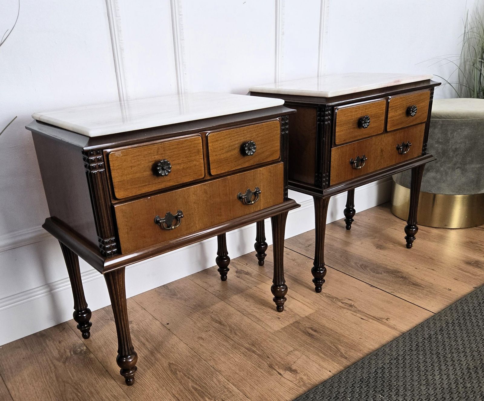 photo furniture Pair Of Italian Midcentury Art Deco Wood Marble Top Night Stands Bedside Tables