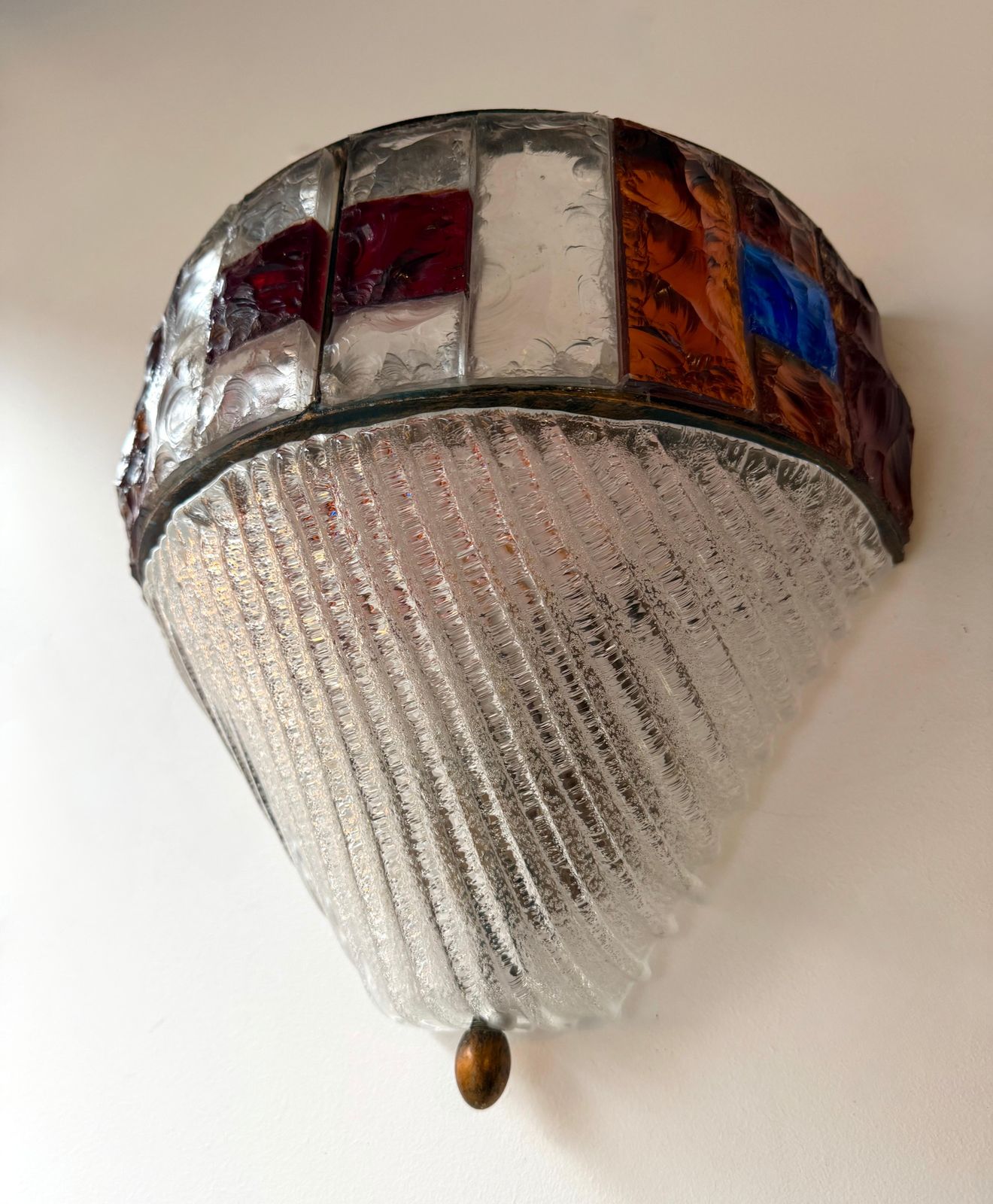 photo for sale Hammered Glass Wrought Iron Murano Glass Sconce By Longobard, Italy, 1970s