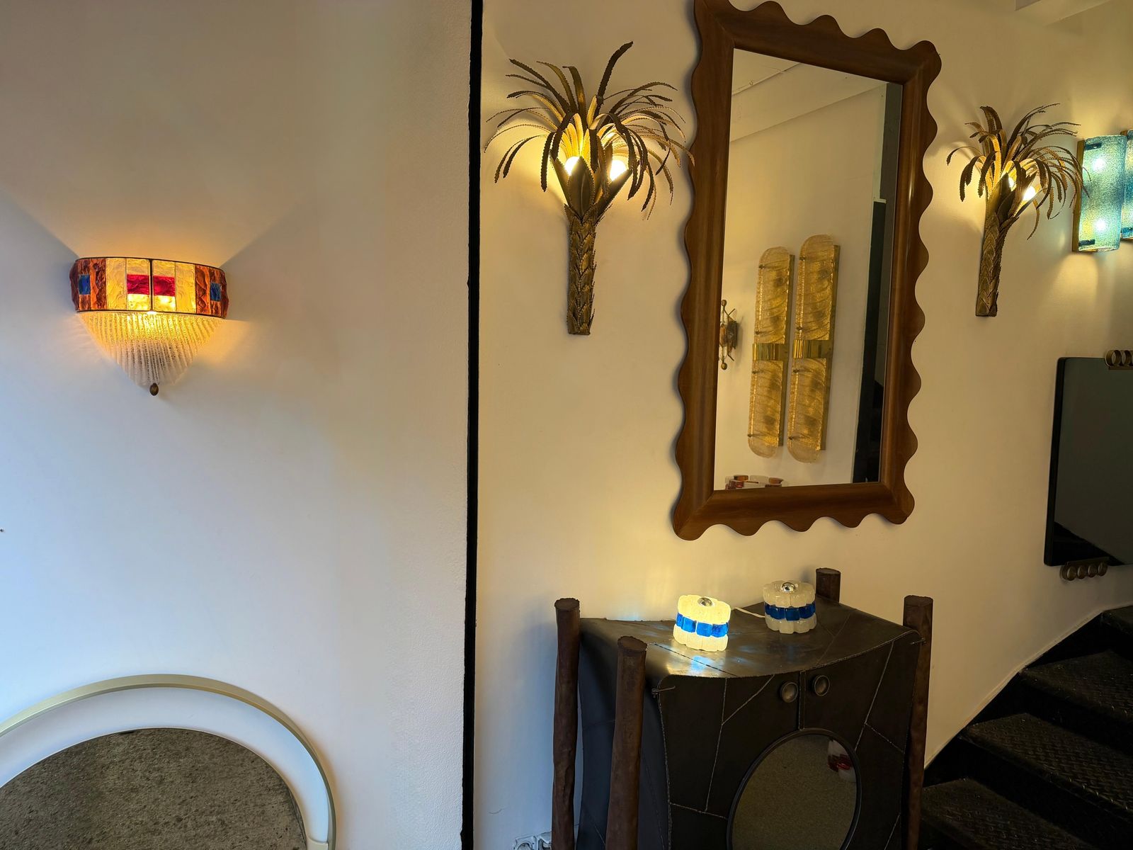 Lighting Hammered Glass Wrought Iron Murano Glass Sconce By Longobard, Italy, 1970s photo