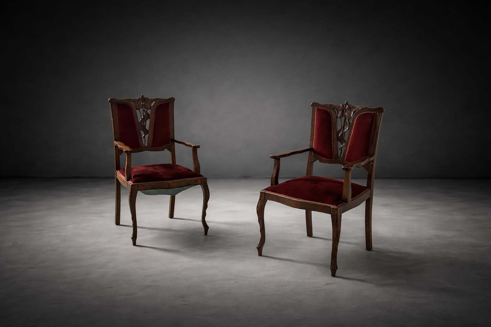 Pair Of Red Italian Art Nouveau Armchairs In The Style Of Georges De Feure photo furniture