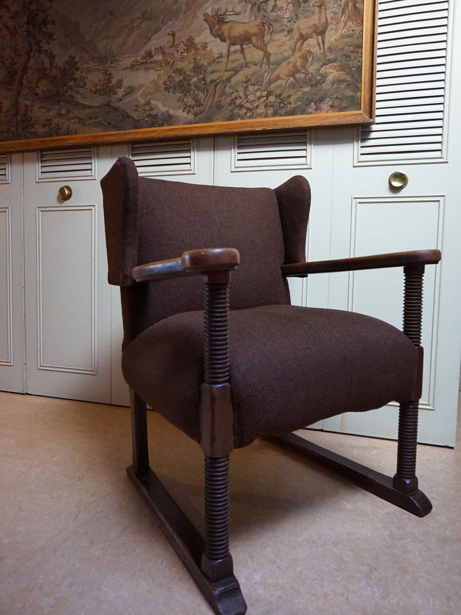 Mid Century Brutalist Wing Armchair In The Manner Of Charles Dudouyt, 1950s photo vintage