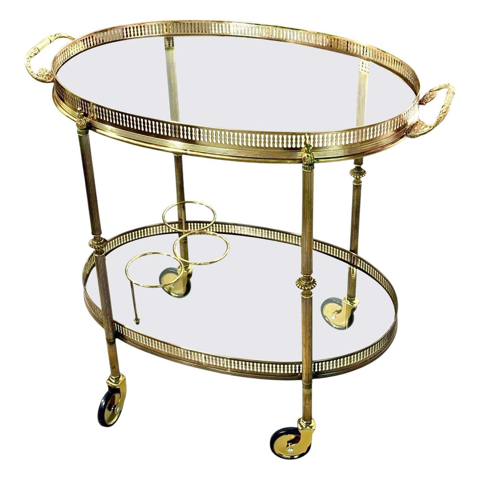 Small French Oval Gilt Brass Bar Cart, Circa 1950