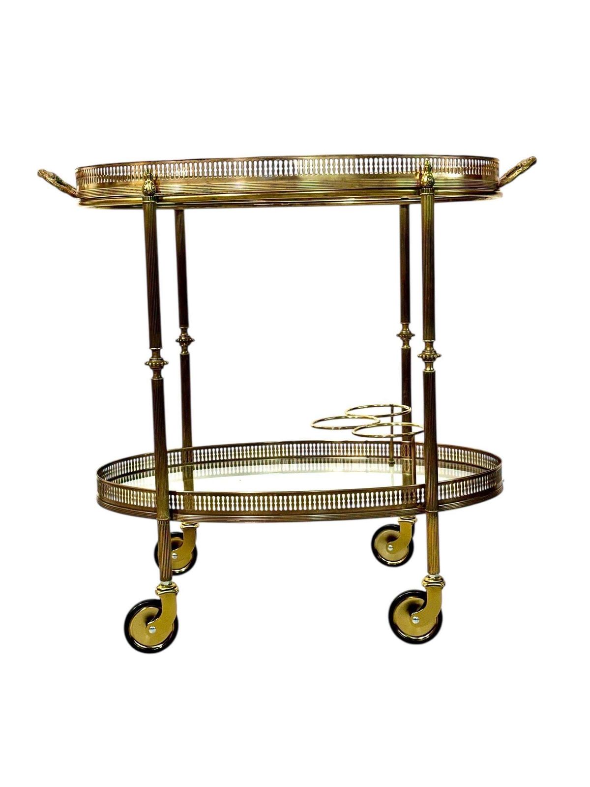Small French Oval Gilt Brass Bar Cart, Circa 1950 photo for sale